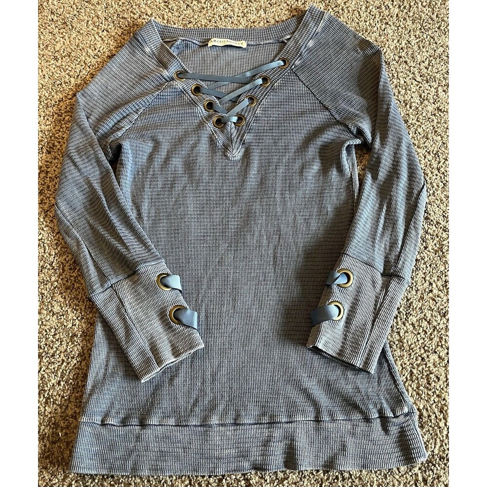 Women's American Able Blue Waffle Long Sleeve Shirt, Medium